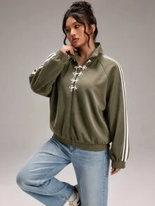 SHEIN BASICS Jaket Lengan Panjang Kasual Serbaguna Motif Blok Warna untuk Wanita Ukuran Plus - Hijau Tentara - View 6