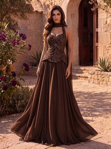 Coutiva Women's Sequin Patchwork Chiffon Halter Neck Long Formal Evening Gown (Heavy Workmanship Style) - Brown - View 6