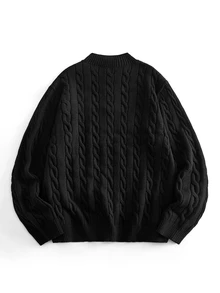 EASEVO Men's Plus Size Casual Long Sleeve Cable Knit Crew Neck Sweater - Black - View 2
