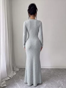 Elenzga Autumn/Winter Elegant Grey Ribbed Knit Long Sleeve V-Neck Pearl Embellished Cinched Waist Bodycon Fishtail Hem Dress For Banquet, Party, Outing, Office, Commute - Grey - View 2