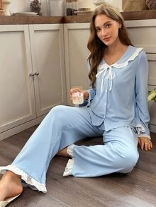 Snug Reverie Women's Sweet Cute Peter Collar Ruffle Bow Cardigan Loungewear Set, Spring/Autumn - Baby Blue - View 3