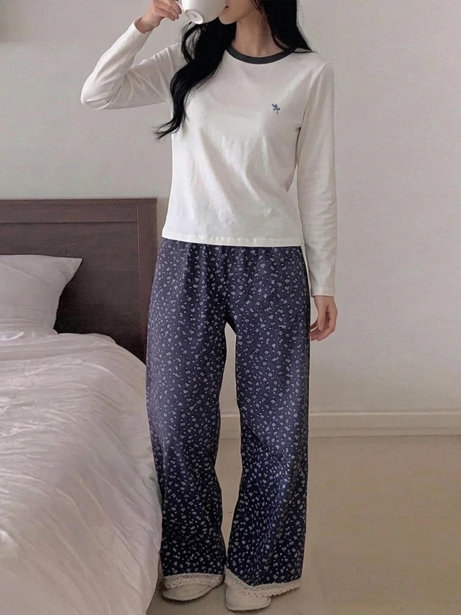 DAZY 2pcs Floral Pattern Colorblock Short Sleeve T-Shirt & Long Pajama Pants Set, Summer Women's Sleepwear Outfit - White - View 1