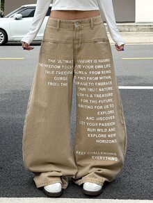 Muchica Women's Casual Everyday Denim Jeans With Pocket, Button And Slogan Graphic - Khaki - View 3