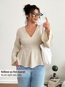 Lounesse Plus Size Women's Solid Color V-Neck Long Sleeve Waist-Cinching Casual Blouse - Apricot - View 3