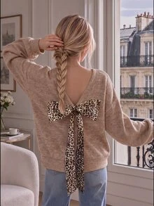 Cévolie Women's Round Neck Loose Long Sleeve Top, Back Large Bow Design Open Back Versatile Casual Short Sweatshirt - Coffee Brown - View 7