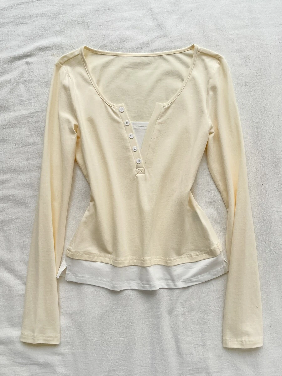 Attitoon Women's Button Half-Placket 2 In 1 T-Shirt - Light Yellow - View 1