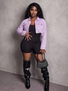 Slaydiva Women's Cropped Button-Up Distressed Long Sleeve Denim Jacket - Purple - View 7