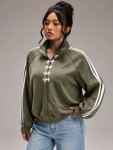 SHEIN BASICS Jaket Lengan Panjang Kasual Serbaguna Motif Blok Warna untuk Wanita Ukuran Plus - Hijau Tentara - View 10