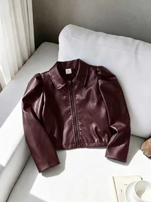 SHEIN Elladie kids 少女秋季時尚百搭花瓣袖夾克外套 - 酒紅色 - 查看 3