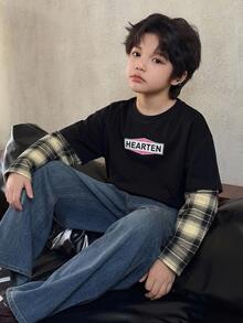 Dazy Kids Tween Boy Letter Print Patchwork Plaid 2 In 1 Casual T-Shirt - Black - View 4