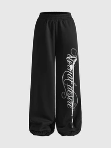 ROMWE Grunge Punk Women's Letter Print Elastic Waist Loose Sweatpants - Black - View 1