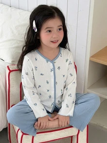 Dazy Kids Young Girl) Floral V-Neck Colorblock Top + Straight Leg Casual Pants 2 Pieces Loungewear Set - Blue - View 7