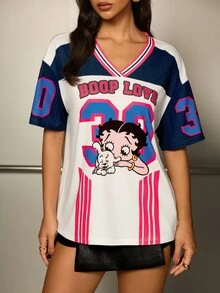 Betty Boop x SHEIN 女款條紋V領短袖休閒T恤 街頭風數字印花寬鬆棒球球衣上衣 豹紋印花秋季服飾 - 彩色 - 查看 6
