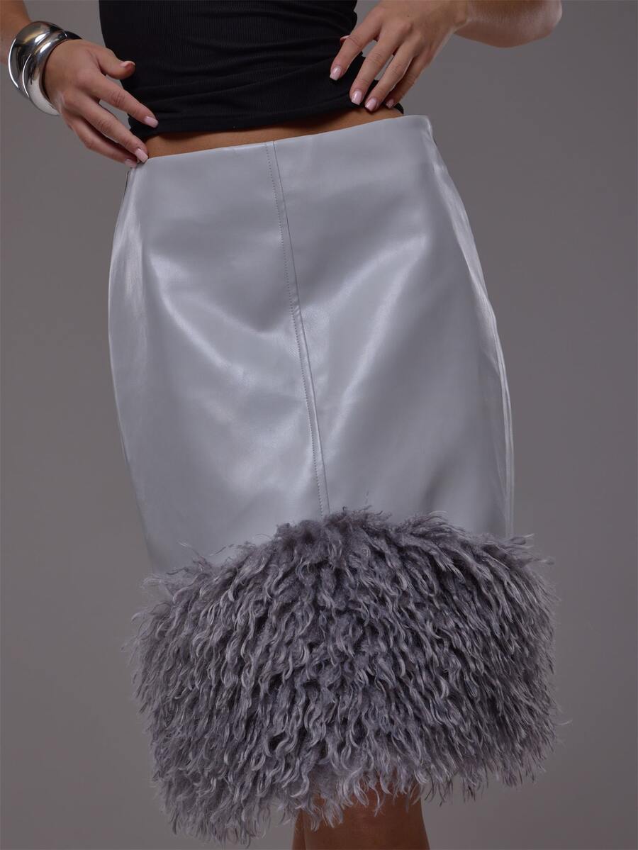 MUSERA Grey PU Fur Trim Midi Skirt Autumn Fall Winter Cute Everyday ...