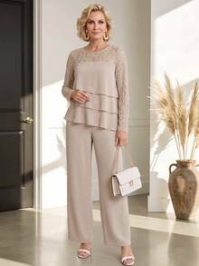 Miaspire Middle-Aged Women's Contrast Lace Cake Hem Top And Long Pants Set - Khaki - View 1