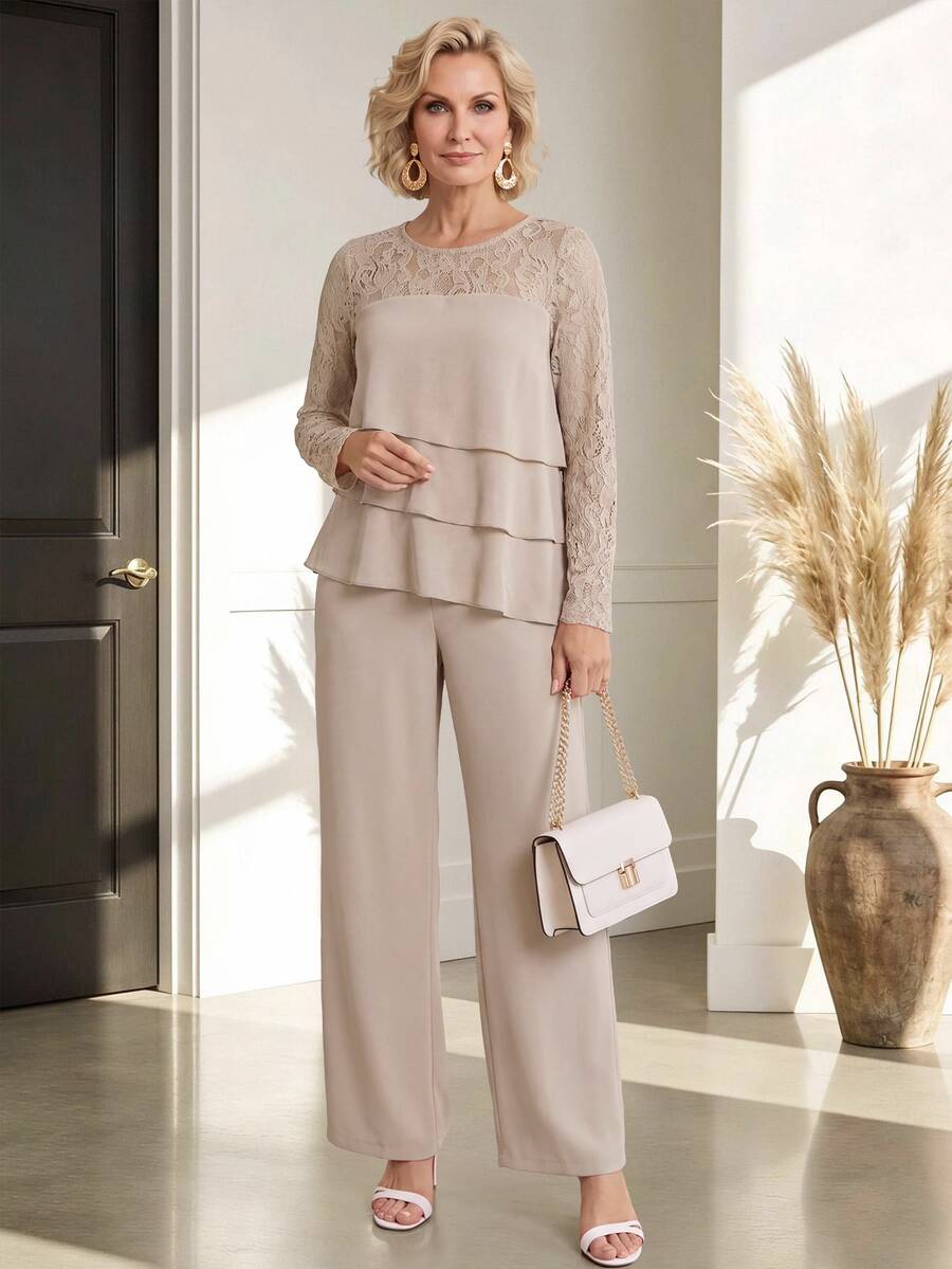 Miaspire Middle-Aged Women's Contrast Lace Cake Hem Top And Long Pants Set - Khaki - View 1