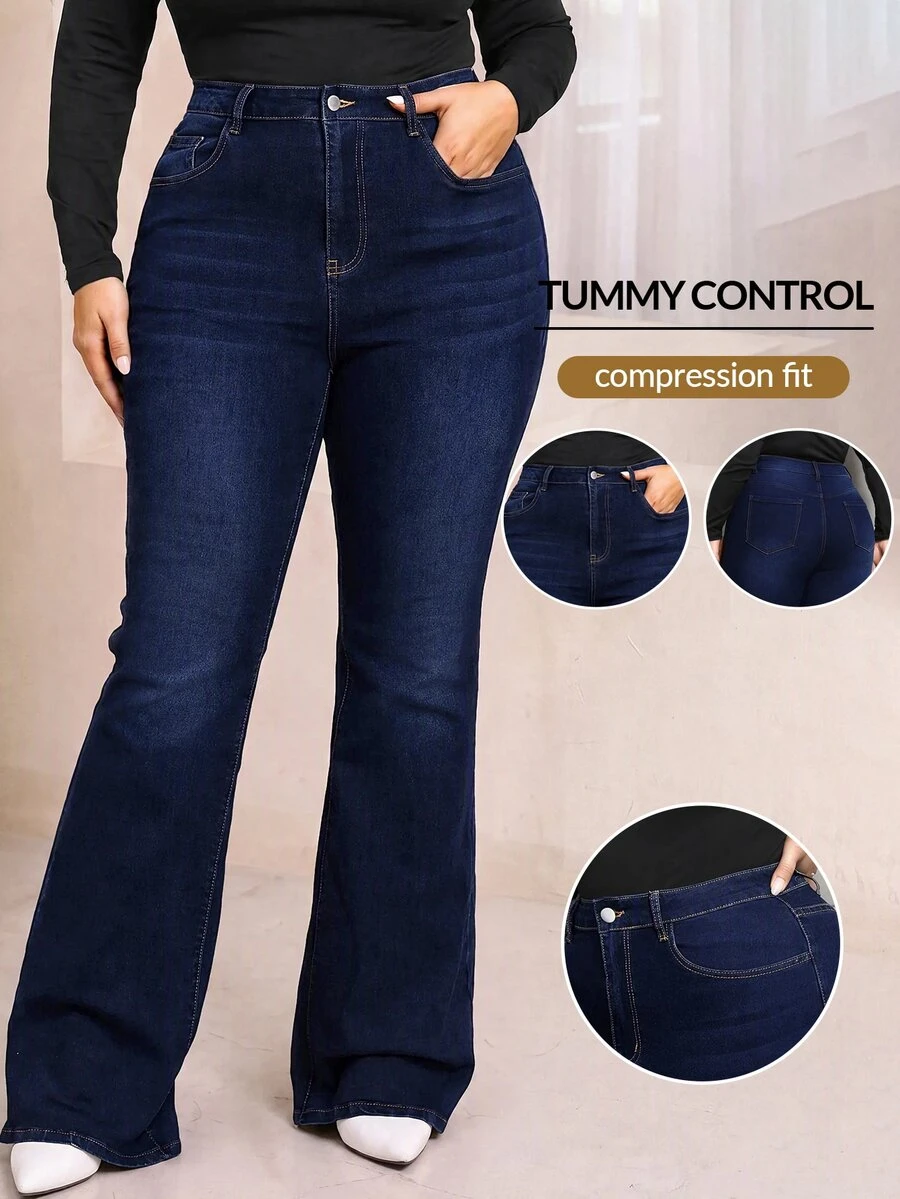Flexra Festival Plus Size Women's Blue Stretch Sexy Tight Flare Jeans - Dark Wash - View 1