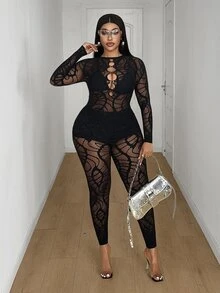Maweii Plus Size Women's Mesh Patchwork Sexy Casual Tight Jumpsuit - Black - View 3