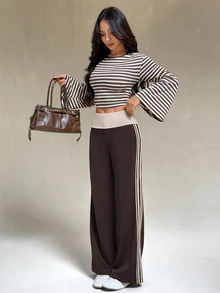 SHEIN PETITE Women's Minimalist Striped Color Block Casual Long Pants - Brown - View 5