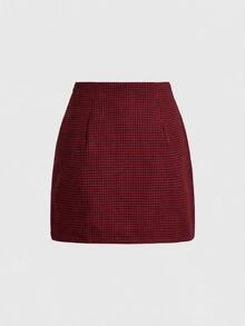 SHEIN MOD 中腰格紋印花裙，側邊金屬扣飾，適合外出、辦公室工作、大學校園，秋季學院風返校女款棕色學院風裙 - 紅色 - 查看 2