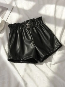 SHEIN Girls' Lotus Bud Elastic Waist Faux PU Leather Matte Black Loose A-Line Short Pants - Black - View 1