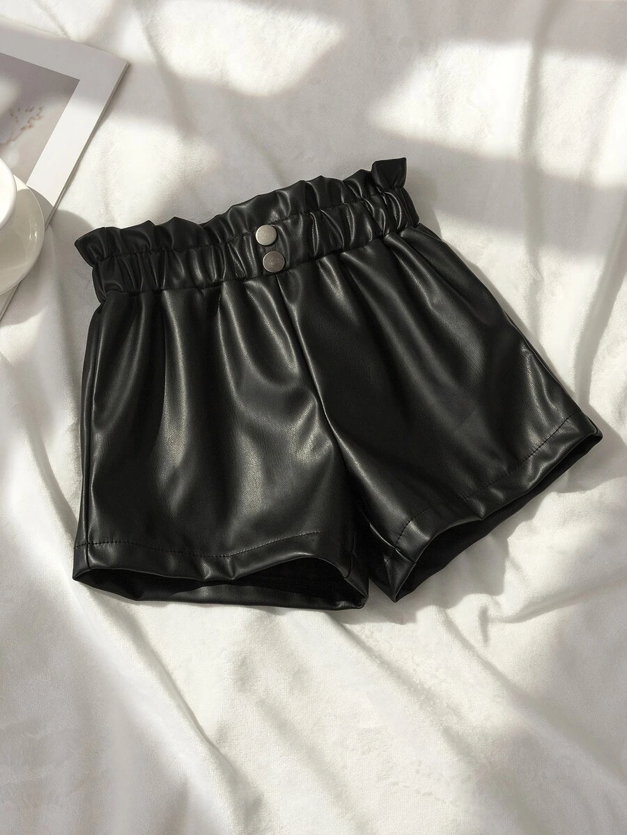 SHEIN Girls' Lotus Bud Elastic Waist Faux PU Leather Matte Black Loose A-Line Short Pants - Black - View 1