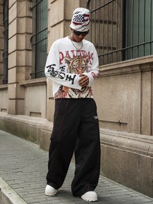 Major Grit 男士拼接休閒寬鬆長褲 - 黑色 - 查看 3