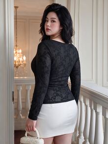 Vibekara Elegant,NewPureDesireSexyBlackContrast Lace BowDecorLong Sleeve Square Neck Hollow Out Hot Girl Inner Layer Top, Versatile T-Shirt Knit RibbedPullover - Black - View 2