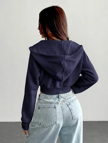 SHEIN PETITE 白色女款純色前拉鍊長袖口袋極簡連帽外套，休閒秋季日常穿著，返校教師穿搭，適合嬌小女性 - 藏蓝色 - 查看 2