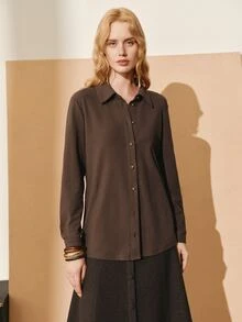 MOTF PREMIUM WOMEN'S AUTUMN/WINTER VELVET STRAIGHT FIT COMMUTER BLOUSE TOP - Brown - View 6
