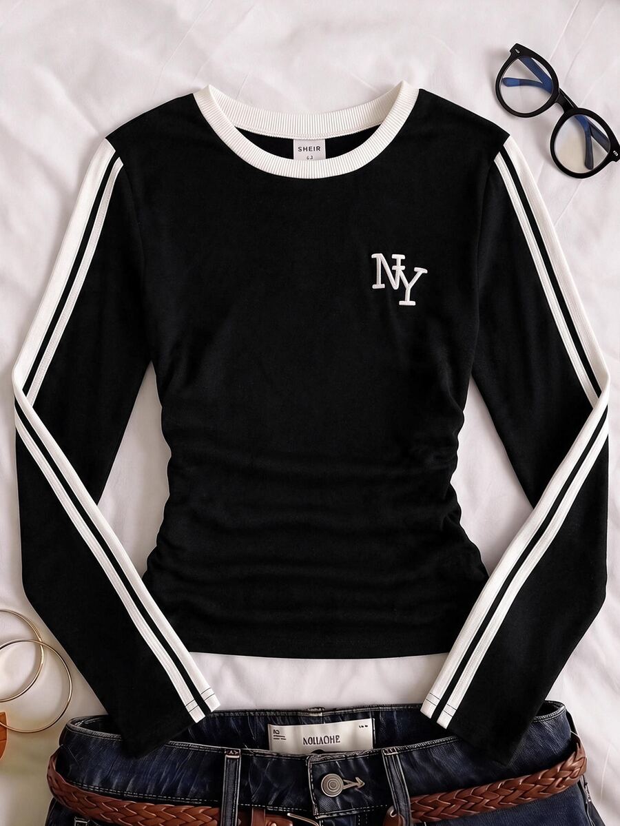 SHEIN 青少年女孩休閒T恤 色塊設計搭配紐約印花圖案 日常穿著 - 黑色 - 查看 1