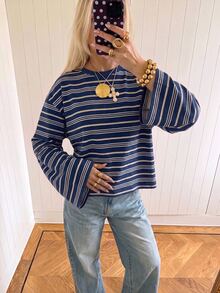 SHEIN EZwear 海外深藍條紋長袖襯衫，秋季上衣，適合日常通勤、聚會、秋冬春夏、聖誕節、新年、感恩節、派對、婚禮、海灘、畢業典禮、優雅、外出、約會、通勤、情人節、優雅、度假、Y2K、畢業典禮等場合 - 彩色 - 查看 5