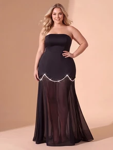 Cravure Plus Size Elegant Faux Pearl Decor Strapless Dress - Black - View 4