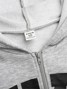SHEIN Tween女孩連帽字母印花前開襟拉鍊衛衣 開學季秋冬款運動衫 - 棕色 - 查看 7