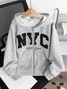 SHEIN Tween女孩連帽字母印花前開襟拉鍊衛衣 開學季秋冬款運動衫 - 棕色 - 查看 5