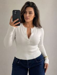 Dazy Plus Solid Color Slim Fit Long Sleeve Button Pullover Casual Street Vacation Spring Autumn Knit Sweater - White - View 7