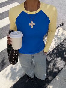 Muchica Women's Brown And Blue And Raglan Long Sleeve T-Shirt Fitted Crew Neck Color Block Casual Y2K Going Out Everyday Streetwear Basic Autumn - Blue - View 3