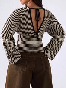 LYSMO 大尺碼女款棕色條紋喇叭袖深V領T恤，秋冬季 - 彩色 - 查看 2