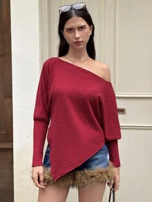 MainGRL Red Knitted Ribbed Casual Versatile Sweet And Spicy Off-Shoulder Women's Long-Sleeved T-Shirt - Red - View 6