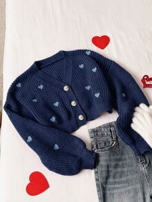 Comfortcana Women's Casual Heart Embroidered Cardigan, Autumn/Winter - Navy Blue - View 6