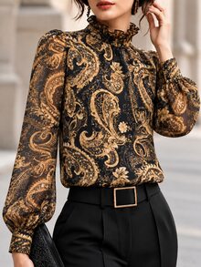 RosyDaze Women's Chiffon Blouse With Ruffle Neckline And Paisley Print, Suitable For Commuting, Dating And Party Occasions - Black - View 3