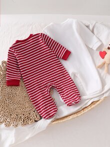 SHEIN Vintaside Kids 2套新生兒純色白色灰色連身衣居家秋冬可愛長袖圓領棉質條紋褲 2件組柔軟舒適室內家居服 - 彩色 - 查看 2