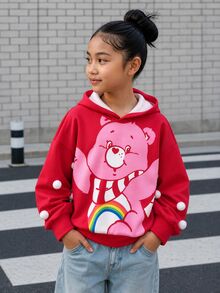 SHEIN X Care Bears 1件少女休閒百搭紅色卡通熊圖案連帽寬鬆長袖衛衣，適合日常穿著、室內、運動、拍照、假期、生日、聖誕節，秋冬適用 - 紅色 - 查看 7