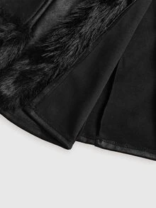 ROMWE Goth Autumn/Winter Distressed Suede Patchwork Fur Trim Slim Fit A-Line Jacket - Black - View 5