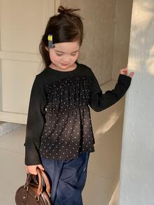 Dazy Kids (فتاة صغيرة) تي شيرت بتصميم طبقة داخلية كاجوال برقبة دائرية وأكمام طويلة بنقشة نقاط بولكا للربيع/الخريف - الأسود - مشاهدة 6