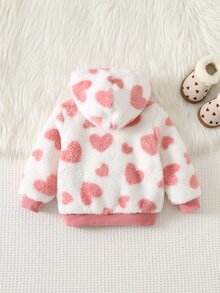 Cozy Pixies جاكيت بغطاء رأس سميك من قماش مخملي بنقشة قلب لطيفة، كاجوال ومريح ومتعدد الاستخدامات للبنات الرضع - متعدد الألوان - مشاهدة 2