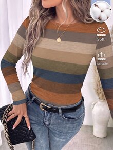SHEIN LUNE 95%棉女款圓領長袖修身對比條紋打底T恤 - 彩色 - 查看 1