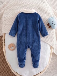 SHEIN 新生兒刺繡鈕扣長袖連身衣居家休閒服 - 藏蓝色 - 查看 2