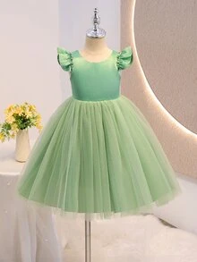SHEIN 女童簡約白色正式禮服，柔軟緞面背部附可拆式大蝴蝶結，花童婚禮 4 歲生日禮物，兒童公主秋季款 - 綠色 - 查看 3