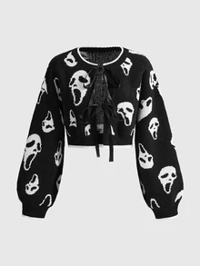 ROMWE Grunge Punk 2pcs/Set Women Leopard Print Bow Decor Sweater - Black and White - View 8